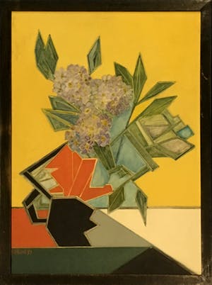 Fenna van der Jest - Stilleven van bloemen in zwarte vaas met gele achtergrond kopen? Bied vanaf 50!