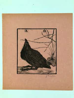 Jan Mankes - Houtsnede kleine kraai kijkend naar mugje - Gesigneerd - 1918 verkocht voor € 450!
