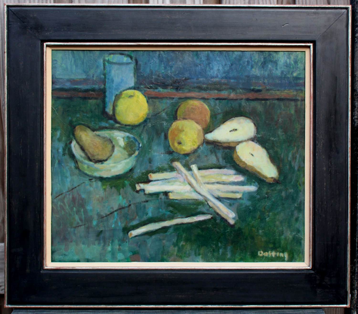 Jeanne Bieruma Oosting - Ingelijste olieverf op doek: stilleven met asperges, peren en appels kopen? Bied vanaf 1495!