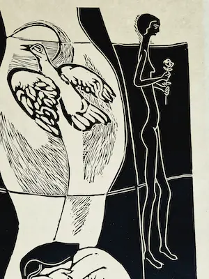 Gene Eggen - Fraai gestileerde zwart-wit Houtsnede "vrouwelijk naakt" oplage 50 stuks kopen? Bied vanaf 30!