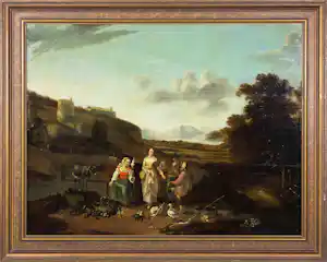 17e-eeuwse Schilderkunst - Navolger van Hendrick Mommers - Olieverf op paneel, Italianiserend landschap vendu pour 1000€ !