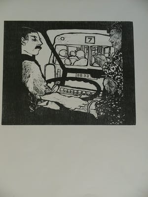 Manuel Kurpershoek - houtsnede met titel: vanuit de bus kopen? Bied vanaf 47!