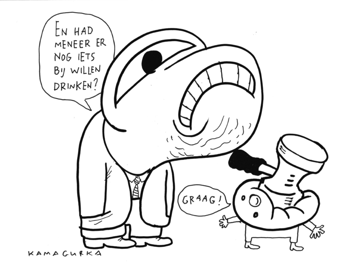 Kamagurka - En had meneer er nog iets bij willen drinken? - tekening, gesigneerd verkocht voor € 150!