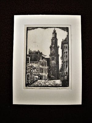 Jac. de Beer - 1920 - Fraaie zwart-wit Houtsnede - "Westertoren amsterdam" potlood gesigneerd kopen? Bied vanaf 10!
