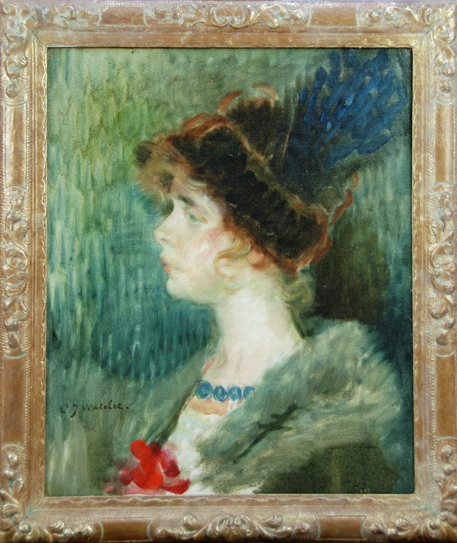 Charles Joseph Watelet - OLIE OP DOEK "DAME AU CHAPEAU DE PLUME" verkocht voor € 395!