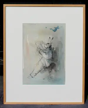 Dirkje Kuik - Ingelijste gemengde techniek: 'lezend konijn' - 1988 (nette lijst!) kopen? Bied vanaf 175!