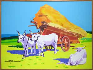 Marco Kooiman - Olieverf op doek, Three oxen and haycart - Ingelijst (Groot) verkocht voor € 200!