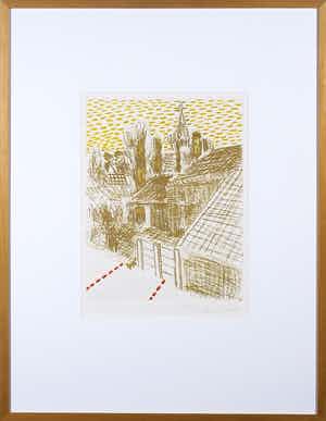 Roger Raveel - Ets, De spanning van de rust in het dorp - Ingelijst verkocht voor € 600!