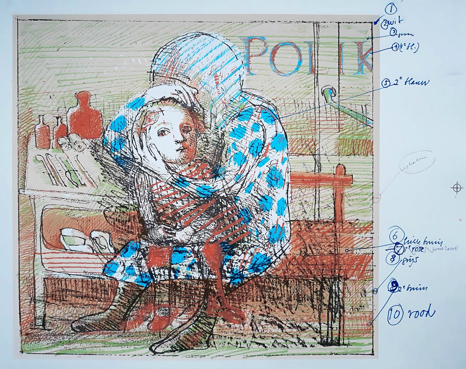 Co Westerik - Polikliniek, zeefdruk met persoonlijke aantekeningen (groot) verkocht voor € 250!