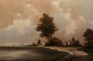 Niet of onleesbaar gesigneerd - Hollandse School (20e eeuw) - van Schaik??? - Dorp aan het water kopen? Bied vanaf 1!