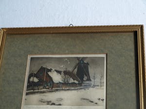 Tjeerd Bottema - Kleine ingelijste kleuren-ets , Molentje in de sneeuw – ca. 1927 kopen? Bied vanaf 35!