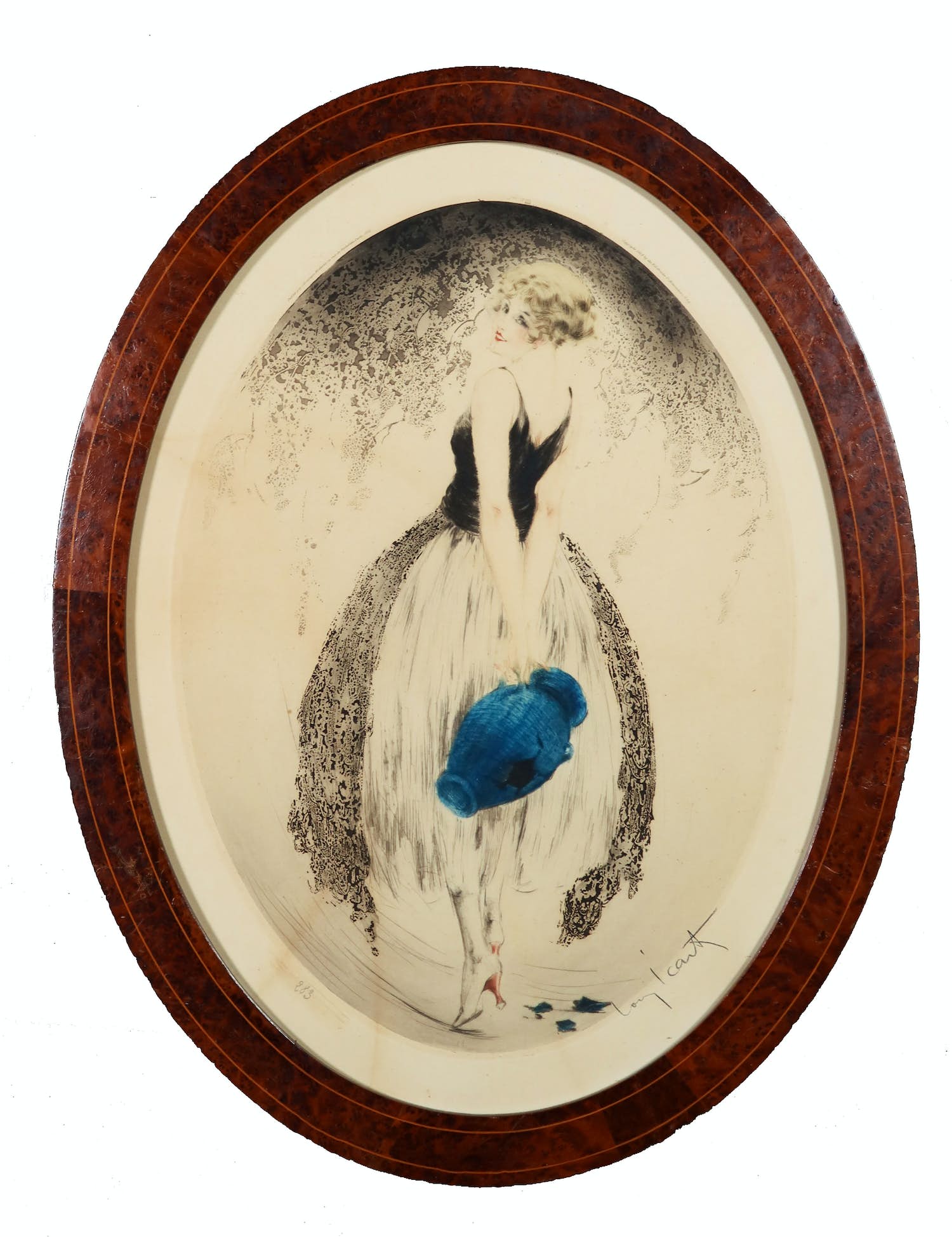 Louis Icart - Ets en aquatint, Vrouw met blauwe kruik - Ingelijst verkocht voor € 200!