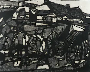 Fon Klement - Boardsnede, Boerenlandschap met kar - Ingelijst kopen? Bied vanaf 100!