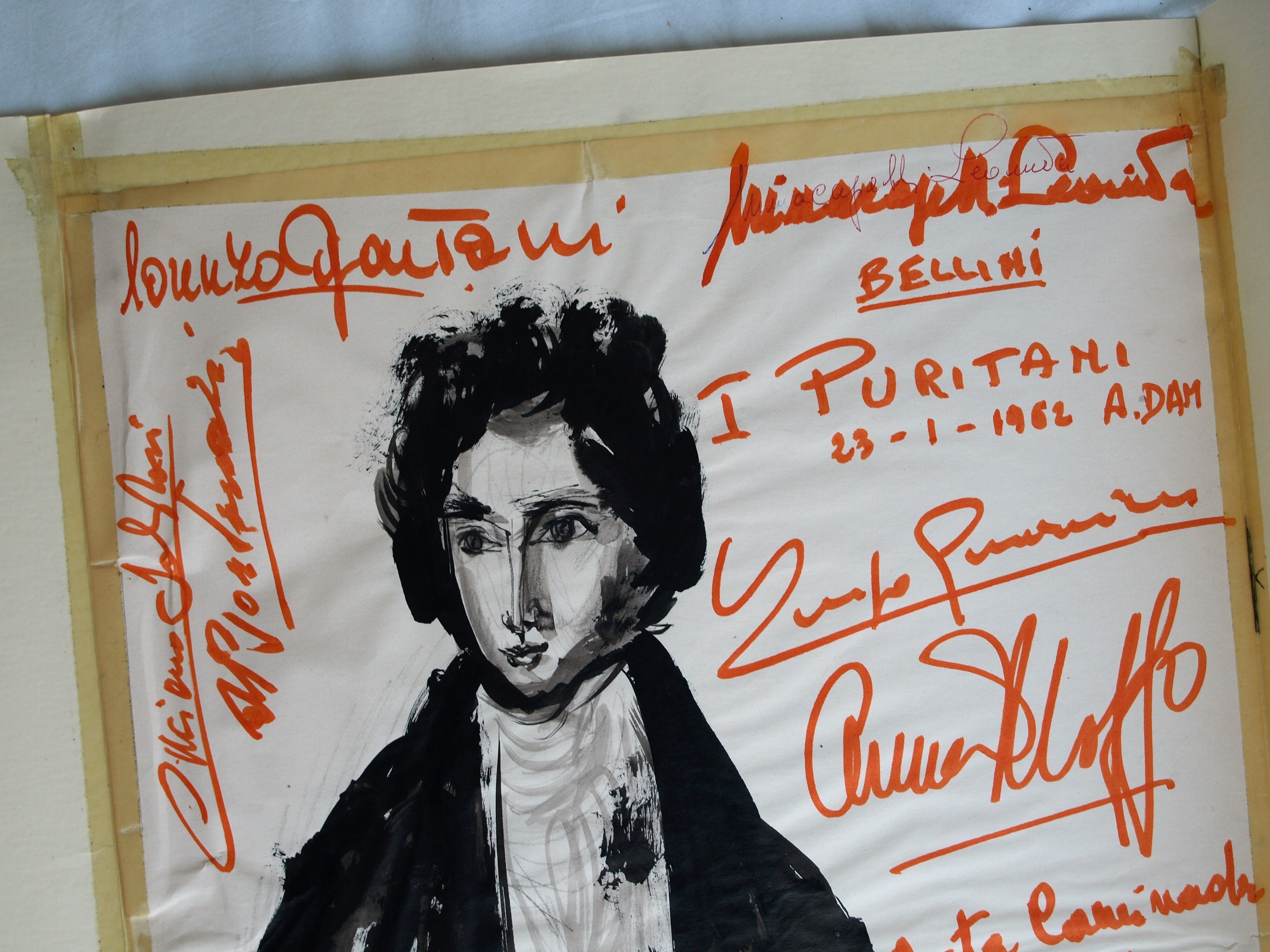Robert Nix - Tekening + 11 handtekeningen van o.a Opera-diva Anna Moffo – I Puritani, 1962  kopen? Bied vanaf 75!