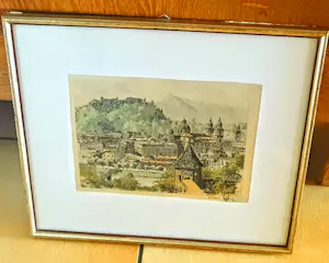 Buy Hans Figura - Farbradierung auf Seide "Salzburg" im Rahmen (27 x 30 cm) sehr guter Zustand? Bid from 70!