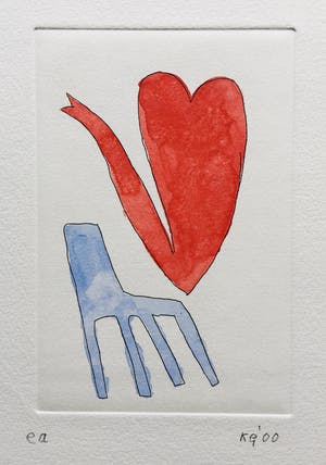 Klaas Gubbels - ets met aquarel ingekleurd ‘Hartekan op stoel’ - 2000 kopen? Bied vanaf 225!