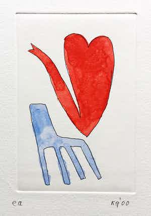 Klaas Gubbels - ets met aquarel ingekleurd ‘Hartekan op stoel’ - 2000 verkocht voor € 225!