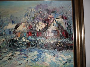 Jan Makkes - Olieverf op doek, met besneeuwde huizen en bomen en een wandelaar kopen? Bied vanaf 225!