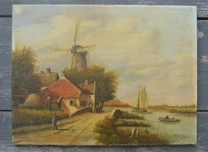 Niet of onleesbaar gesigneerd - Dorpje aan het water - Olieverf op paneel - Gesigneerd kopen? Bied vanaf 1!