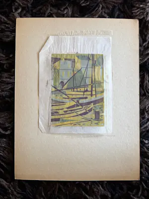 Geert Geerligs - linosnede: bootjes in de haven kopen? Bied vanaf 35!