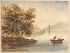 Niet of onleesbaar gesigneerd - Aquarel, Oeverlandschap met bootje - Ingelijst kopen? Bied vanaf 1!