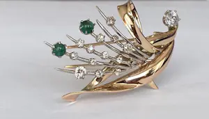 14 karaat Geel goud - Broche - 1.11 ct Diamanten - Smaragden kopen? Bied vanaf 900!