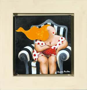 Susan Ruiter - Acrylverf op doek, Z.T. (dame met een poes op een fauteuil) - Ingelijst verkocht voor € 150!