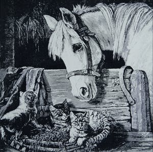 Niet of onleesbaar gesigneerd - wit paard met 3 jonge poesjes kopen? Bied vanaf 1!