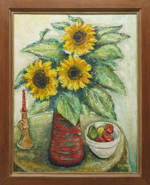 Niet of onleesbaar gesigneerd - Olieverf op board, Stilleven met zonnebloemen - Ingelijst kopen? Bied vanaf 1!