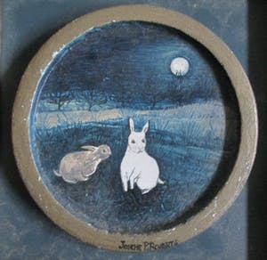 Josche Roverts - Schilderijtje "Konijntjes bij avond" kopen? Bied vanaf 25!