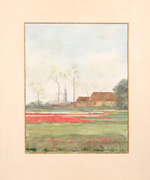 AcheterNiet of onleesbaar gesigneerd - Gezicht op een bollenveld met op de achtergrond een boerderij bij een kerk? Enchérissez de 1!