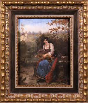 Carl Rudolf S. Huber - (toegeschreven aan) - Olieverf op paneel, Dame met draailier verkocht voor € 1!