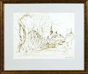 Ad Blok van der Velden - Tekening, De kerk van Den Burg (Texel) - Ingelijst verkocht voor € 200!