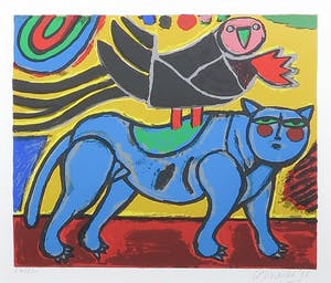 Corneille - Zeefdruk, Chat et Oiseau - Ingelijst kopen? Bied vanaf 150!