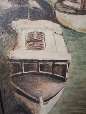 Niet of onleesbaar gesigneerd - Zicht op de jachthaven van Antwerpen met historisch stadscentrum op achtergrond kopen? Bied vanaf 1!