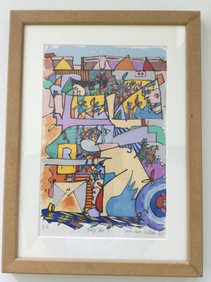 Pim van Halem - ‘Busy Bus’ , Vierluik . (Zeer fraai ingelijst door de kunstenaar) kopen? Bied vanaf 100!