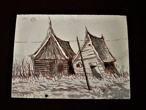 Aat Veldhoen - Groot, omstreeks 1960 geschilderde figuratieve Gouache "Landschap met huizen" kopen? Bied vanaf 25!