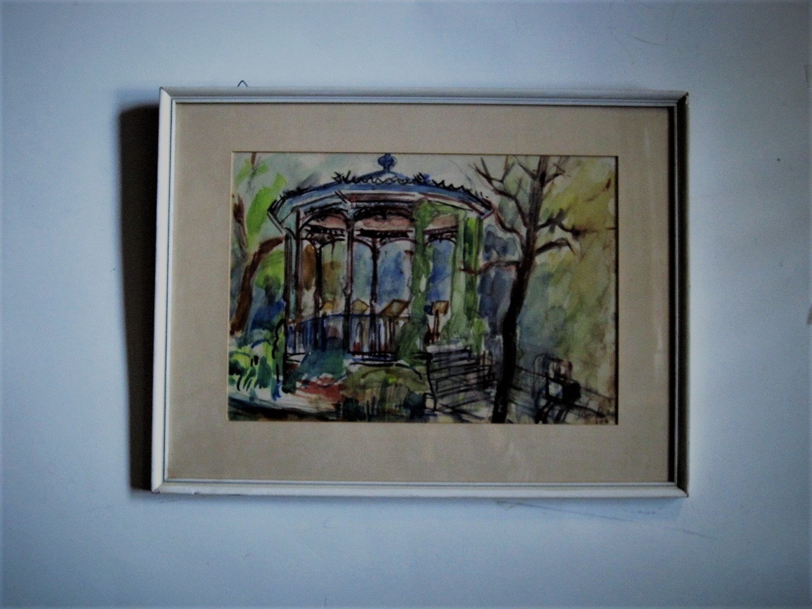 Niet of onleesbaar gesigneerd - gesigneerde ca. 1950 Aquarel "Muziektent"  kopen? Bied vanaf 1!