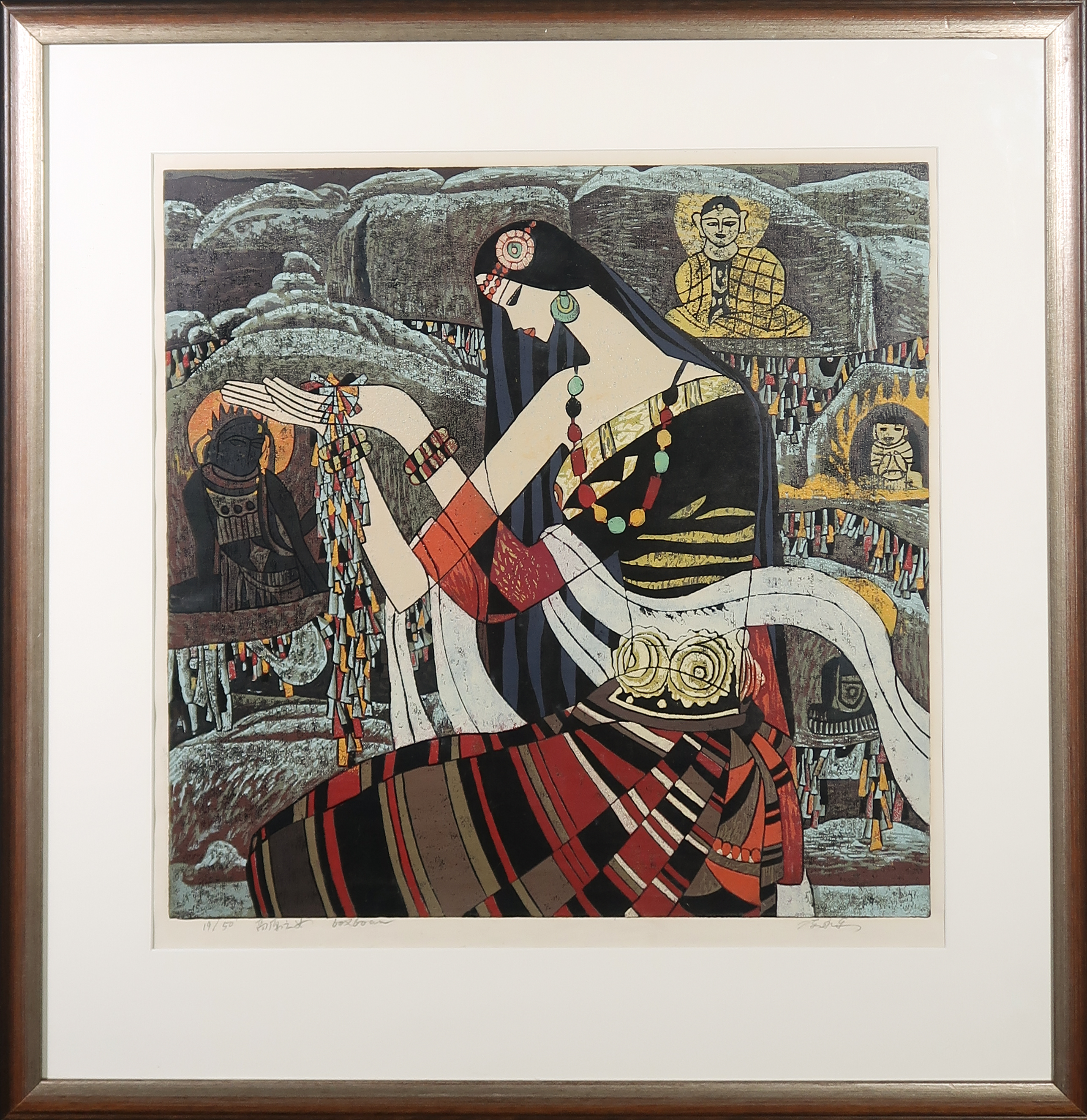 Hao Ping - Houtsnede, Chinese lady 2 - Ingelijst verkocht voor € 80!