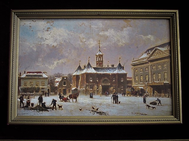 Niet of onleesbaar gesigneerd - Oud olieverf "Amsterdam Leidseplein met Leidsepoort in winter" gesigneerd  verkocht voor € 1!