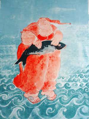 Ada Breedveld - Zeefdruk. Titel, " Vrouw met vis ". verkocht voor € 50!