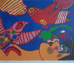 Corneille - " Vol d' Oiseaux ". Grote en kleurrijke zeefdruk uit 1985. kopen? Bied vanaf 345!