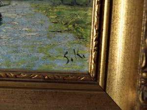 Niet of onleesbaar gesigneerd - Olieverf op paneel, Landschap met zeilboot – gesigneerd ‘S.K.’ & ingelijst - oud kopen? Bied vanaf 1!