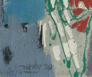 Hans van der Lek - Gemengde techniek op doek, Abstracte compositie - Ingelijst kopen? Bied vanaf 1!