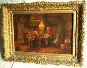 H. van Straaten - Ingelijst olieverf op doek , In de boerderij , interieurscene – ca. 1940 verkocht voor € 1!