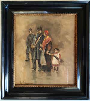 Niet of onleesbaar gesigneerd - Olieverf op paneel van Franse gardisten met moeder en dochter verkocht voor € 1!