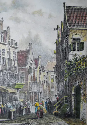 Petrus Gerardus Vertin - 19e eeuws straatje, mogelijk Haarlem - handgekleurde litho naar P.G. Vertin kopen? Bied vanaf 25!