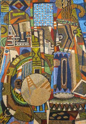 Uti Ndueze - Acryl op doek, Compositie met figuren verkocht voor € 100!