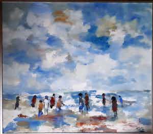 Jelle Hoogstra - (1924-2003) - Z.T. Strandgezicht met mensen verkocht voor € 75!
