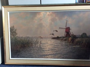 Buy Jacobus Leonardus van der Meide - Polderlandschap met molen, riet en vliegende wilde eenden? Bid from 250!